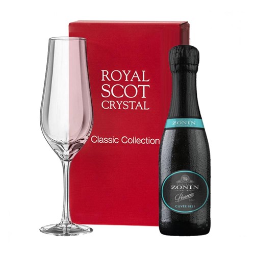 Mini Zonin Cuvee 1821 Prosecco DOC 20cl and Royal Scot Classic Collection Flute In Red Gift Box